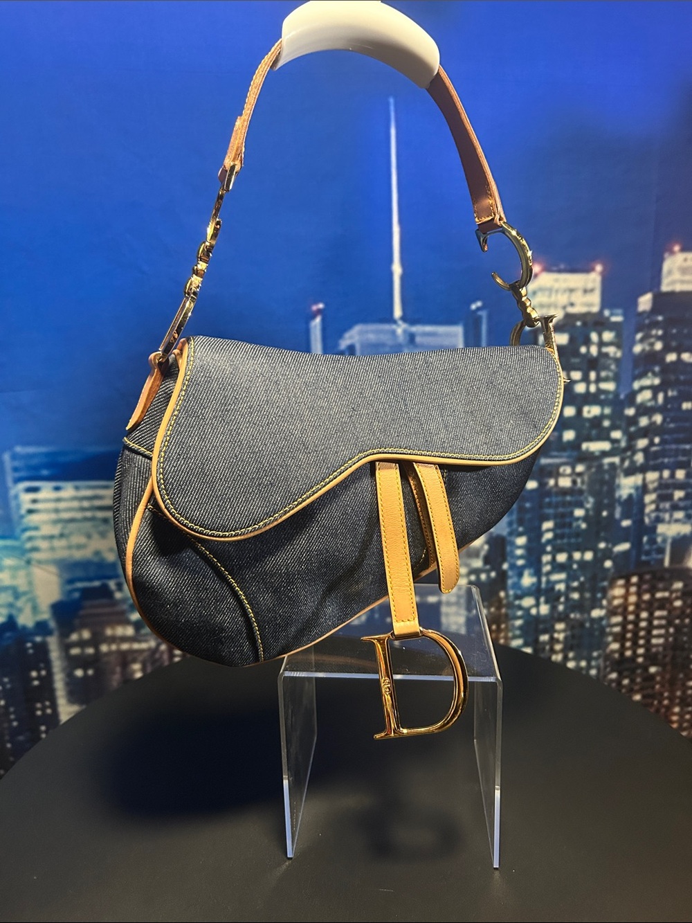 Christian Dior Denim Saddle Bag EUC with Gold Tan Accents